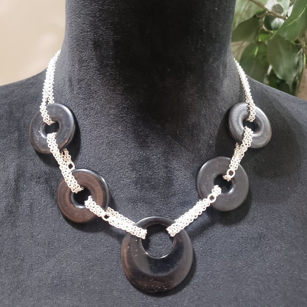 Womens Fashion Black Circle Plain Disc Silver Chains Frontal Necklace Lobster